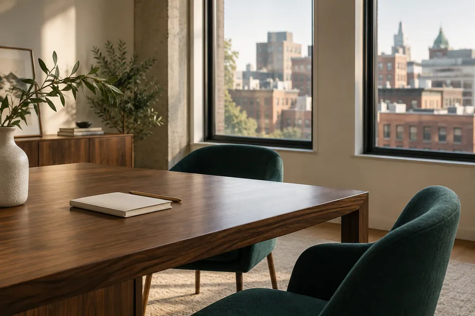 A bright workspace with a wooden table and deep green armchairs.