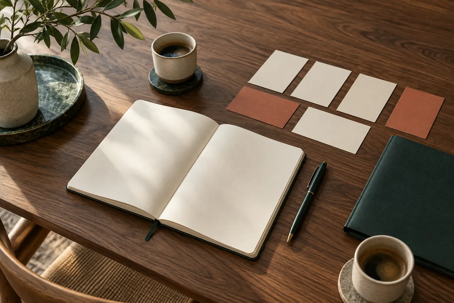 An open notebook, planning cards and a folder arranged on a wooden table.